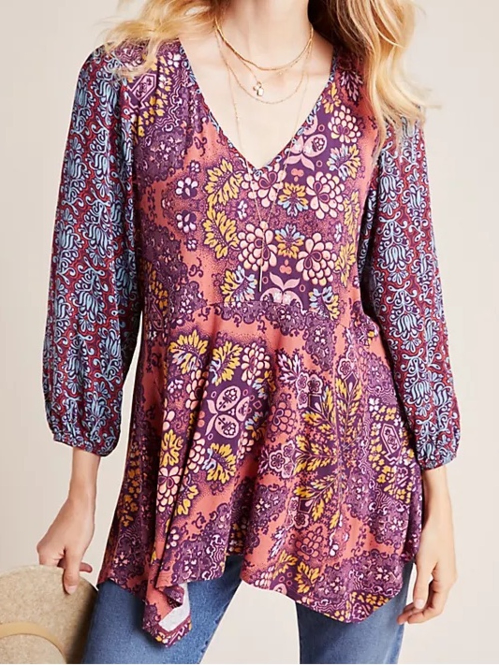 Anthropologie| Maeve| ‘Mariella’ Pink & Purple Floral V-Neck Peasant Top Sz S